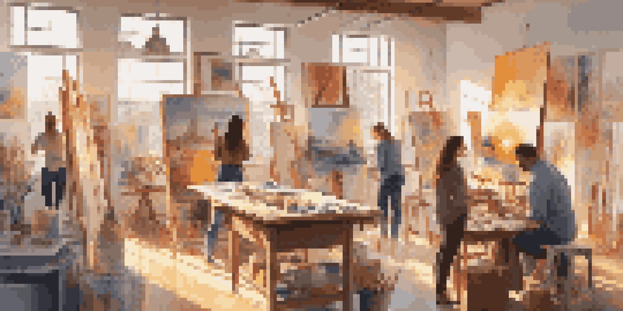 A lively art studio where diverse artists collaborate on a large canvas under warm sunlight.