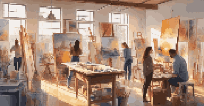 A lively art studio where diverse artists collaborate on a large canvas under warm sunlight.