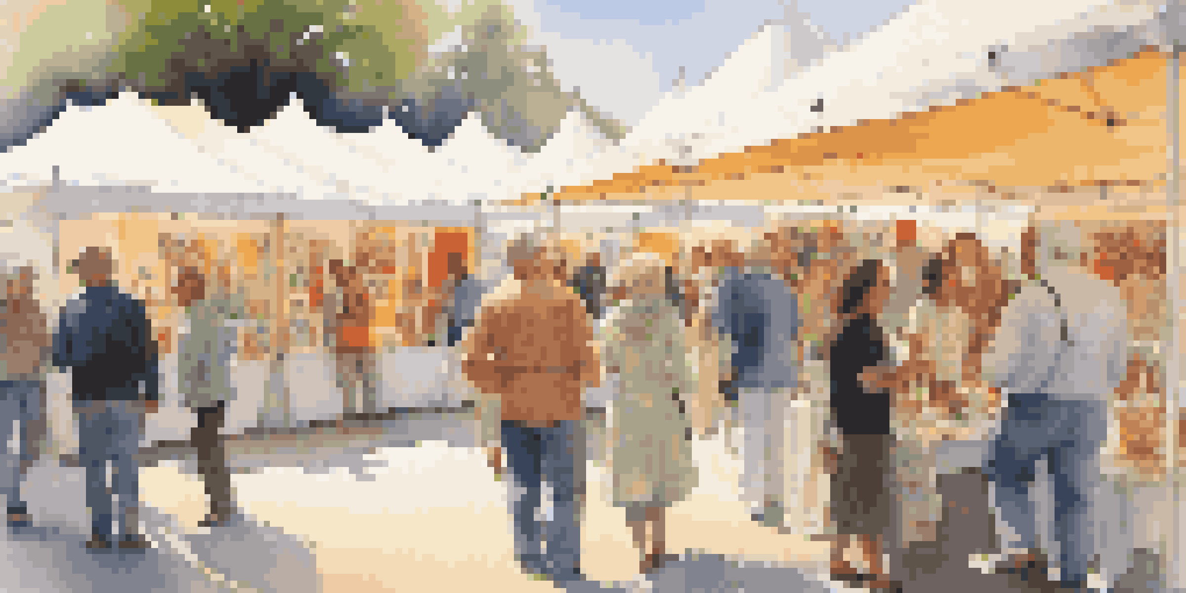 A lively art fair with diverse artworks and visitors engaging with the pieces in a sunny outdoor setting.