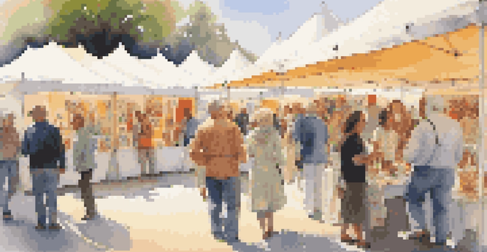 A lively art fair with diverse artworks and visitors engaging with the pieces in a sunny outdoor setting.