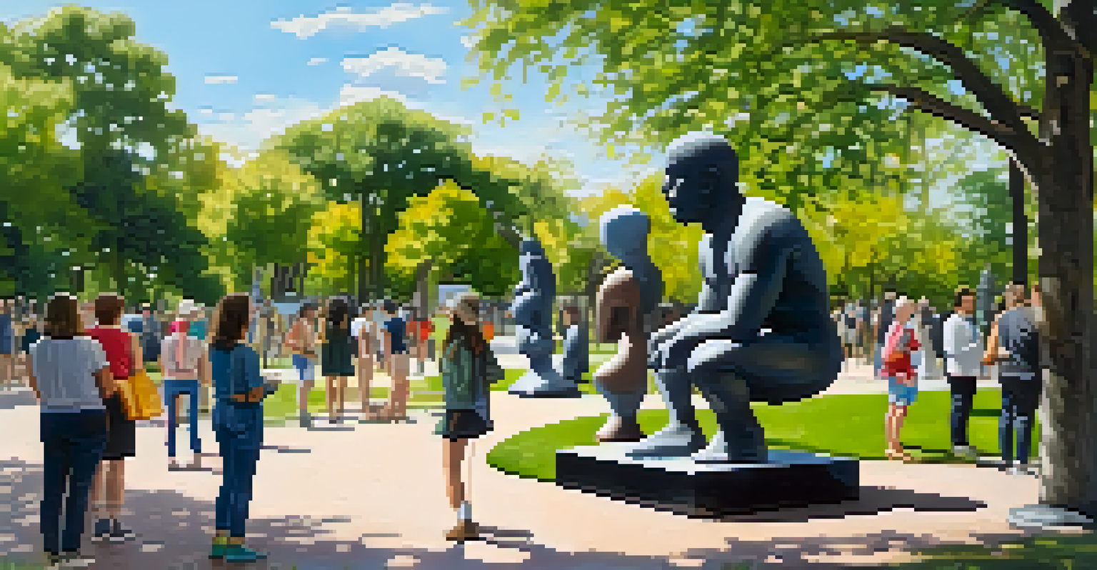 An outdoor art exhibition featuring sculptures by gender-diverse artists in a sunny park, with visitors interacting with the artworks.