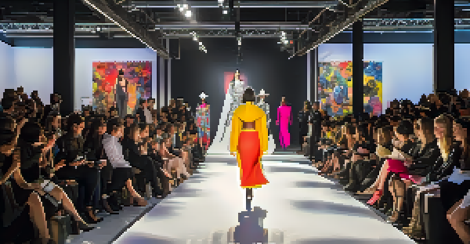 A vibrant fashion runway show showcasing avant-garde designs and artistic installations in an industrial setting, with models walking under dramatic lighting.