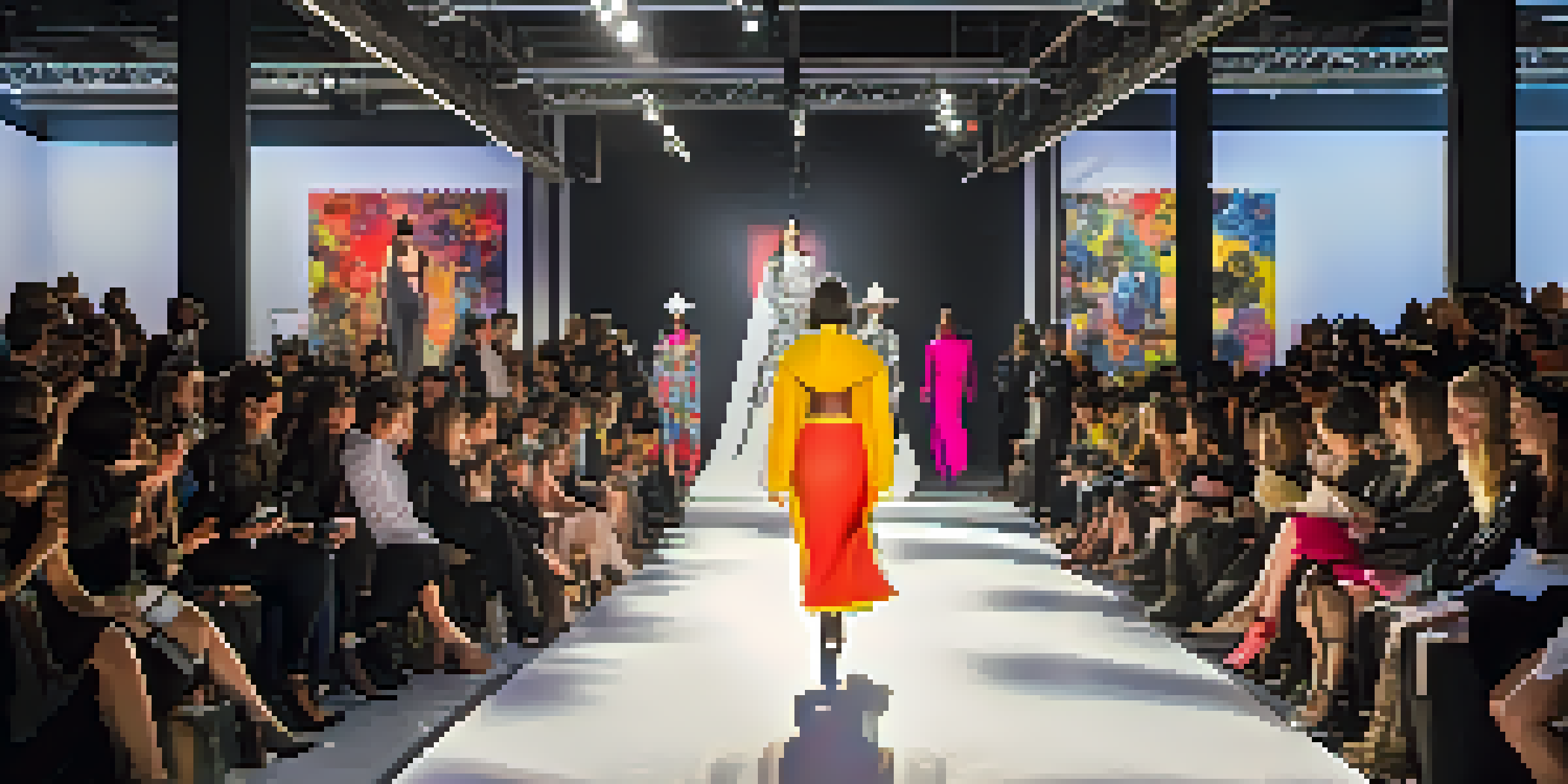 A vibrant fashion runway show showcasing avant-garde designs and artistic installations in an industrial setting, with models walking under dramatic lighting.