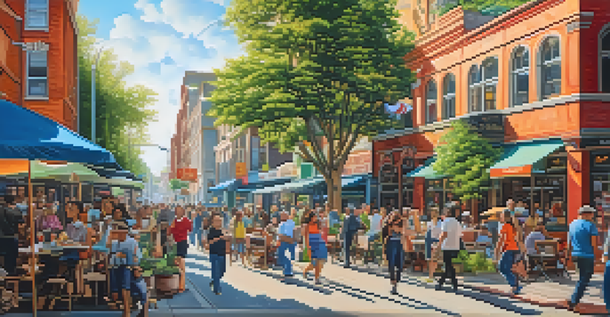 A lively city street filled with colorful murals, people walking, and cafes, showcasing local culture.