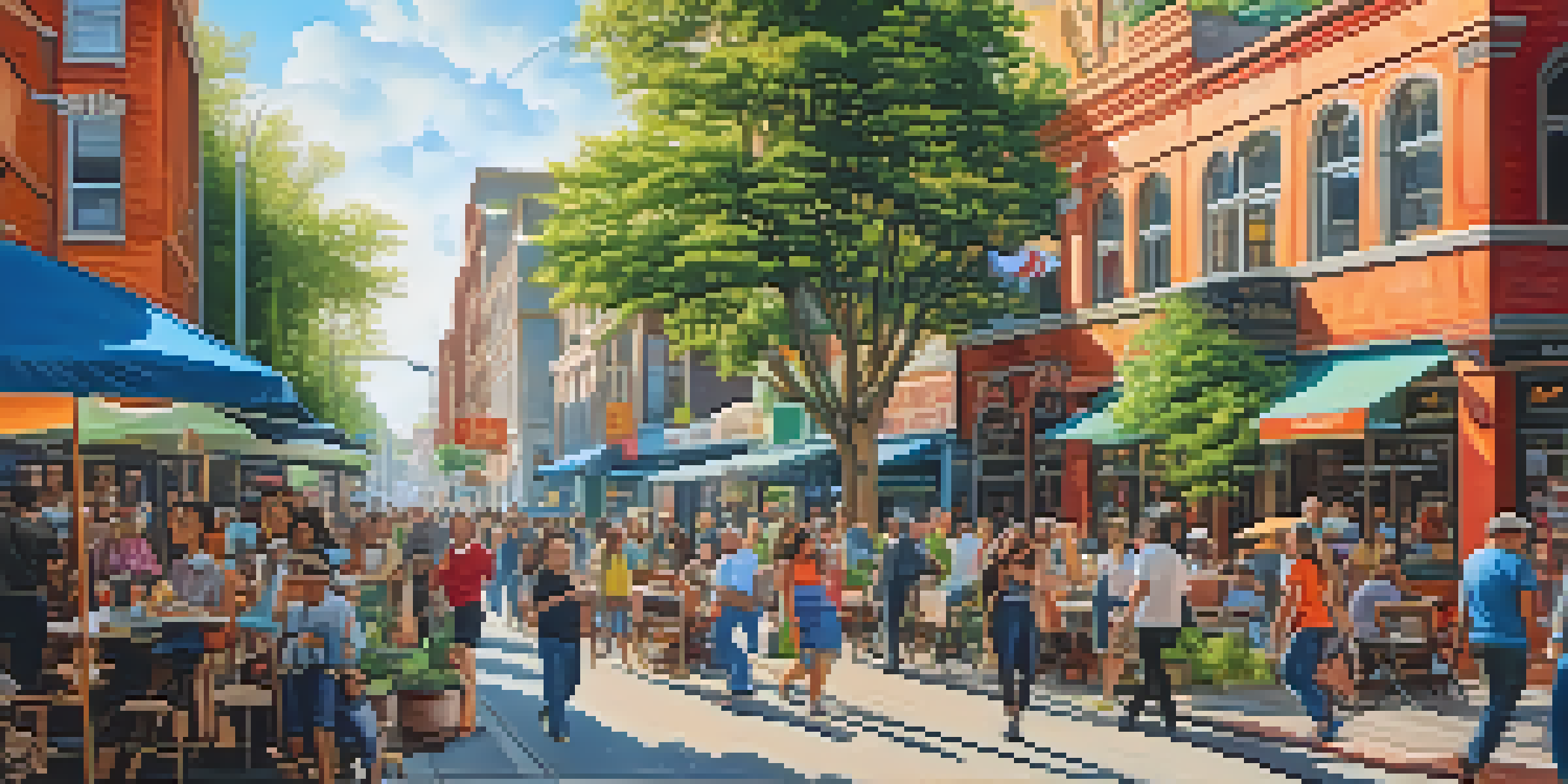 A lively city street filled with colorful murals, people walking, and cafes, showcasing local culture.