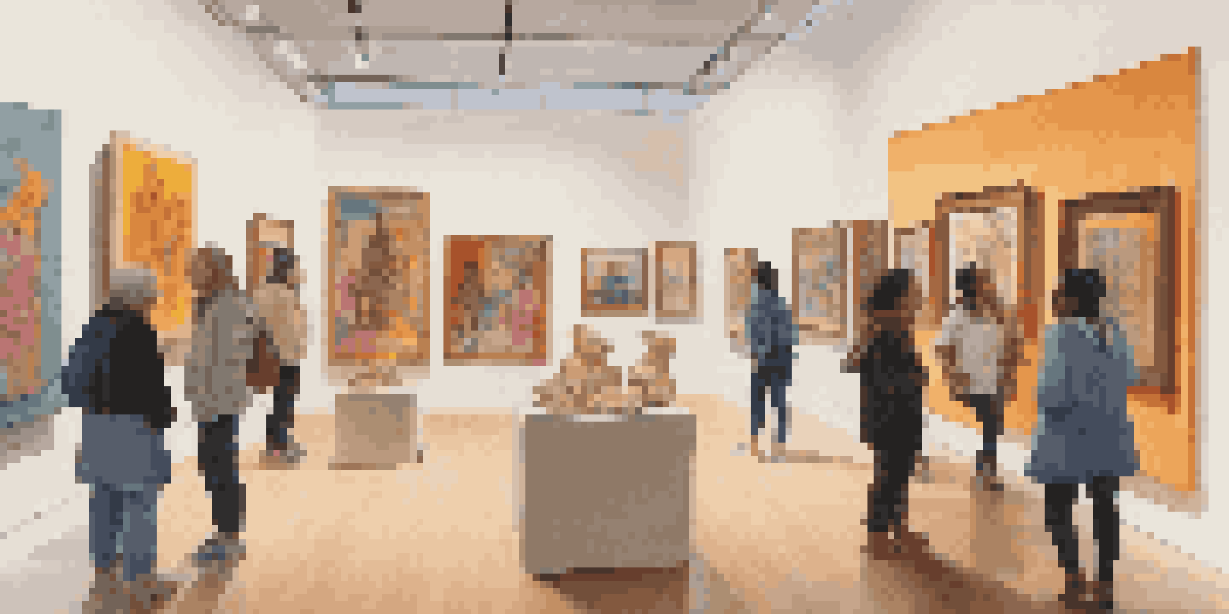 A gallery exhibition featuring colorful artworks from diverse minority artists, with visitors interacting with the pieces in a well-lit space.