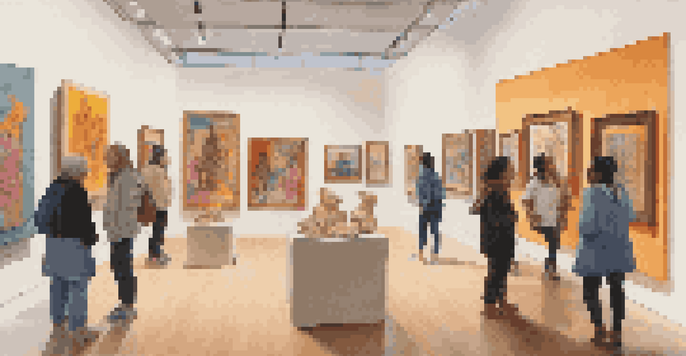A gallery exhibition featuring colorful artworks from diverse minority artists, with visitors interacting with the pieces in a well-lit space.