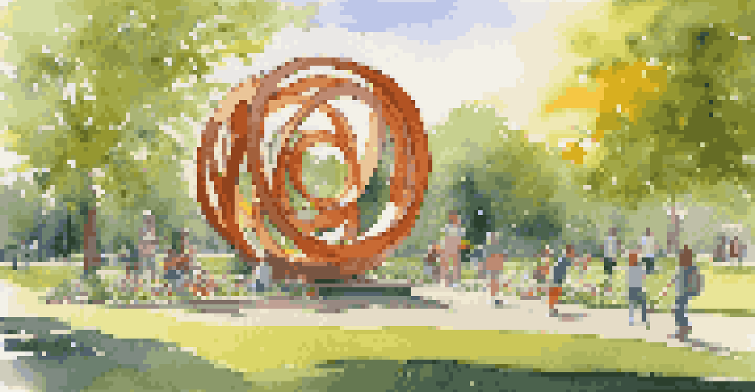 An interactive sculpture made of recycled materials in a park, with families enjoying the art.