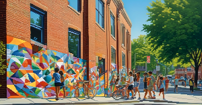 A colorful mural on a brick building in a suburban neighborhood, with teenagers admiring it under the sunlight.