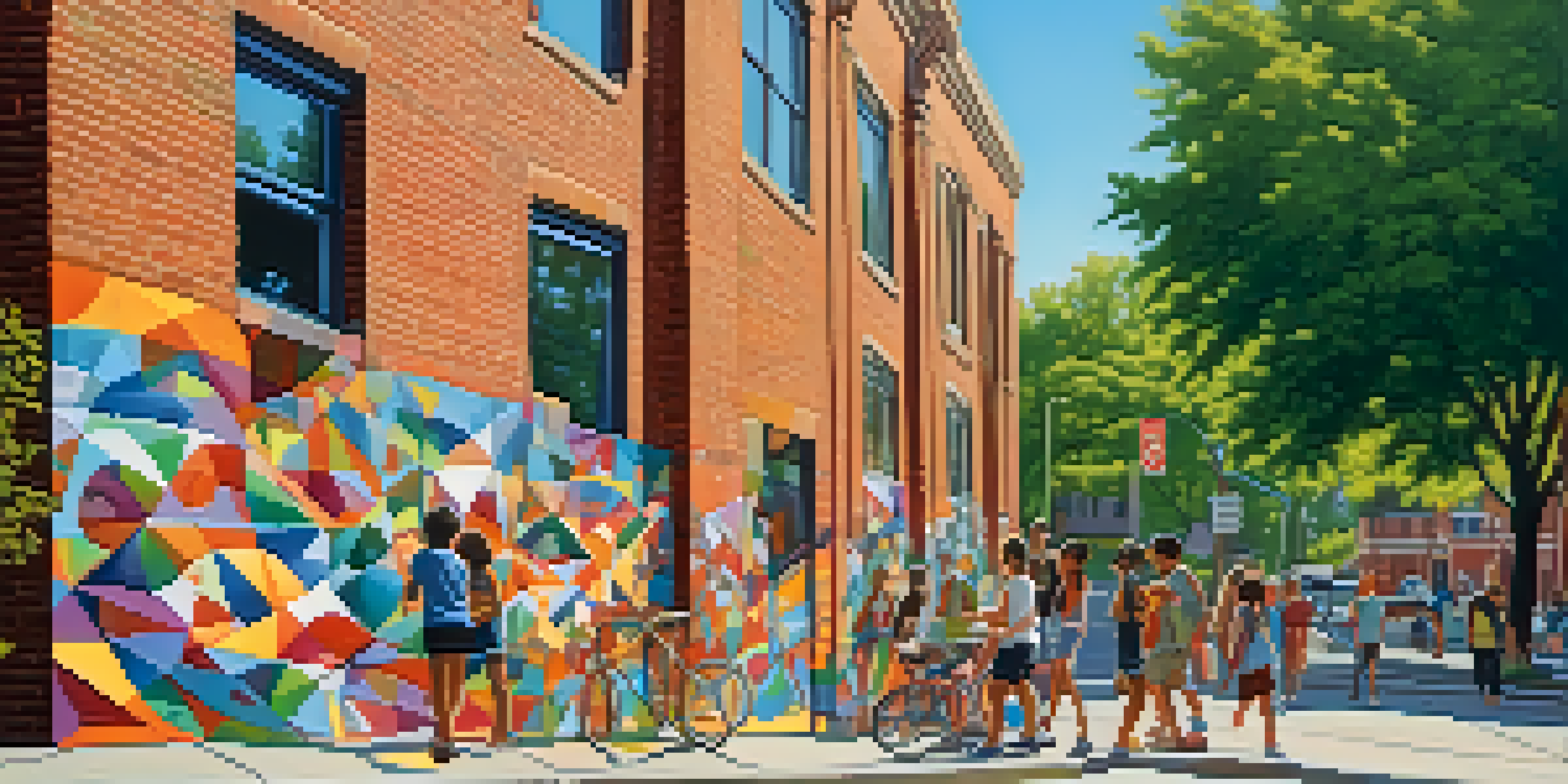 A colorful mural on a brick building in a suburban neighborhood, with teenagers admiring it under the sunlight.