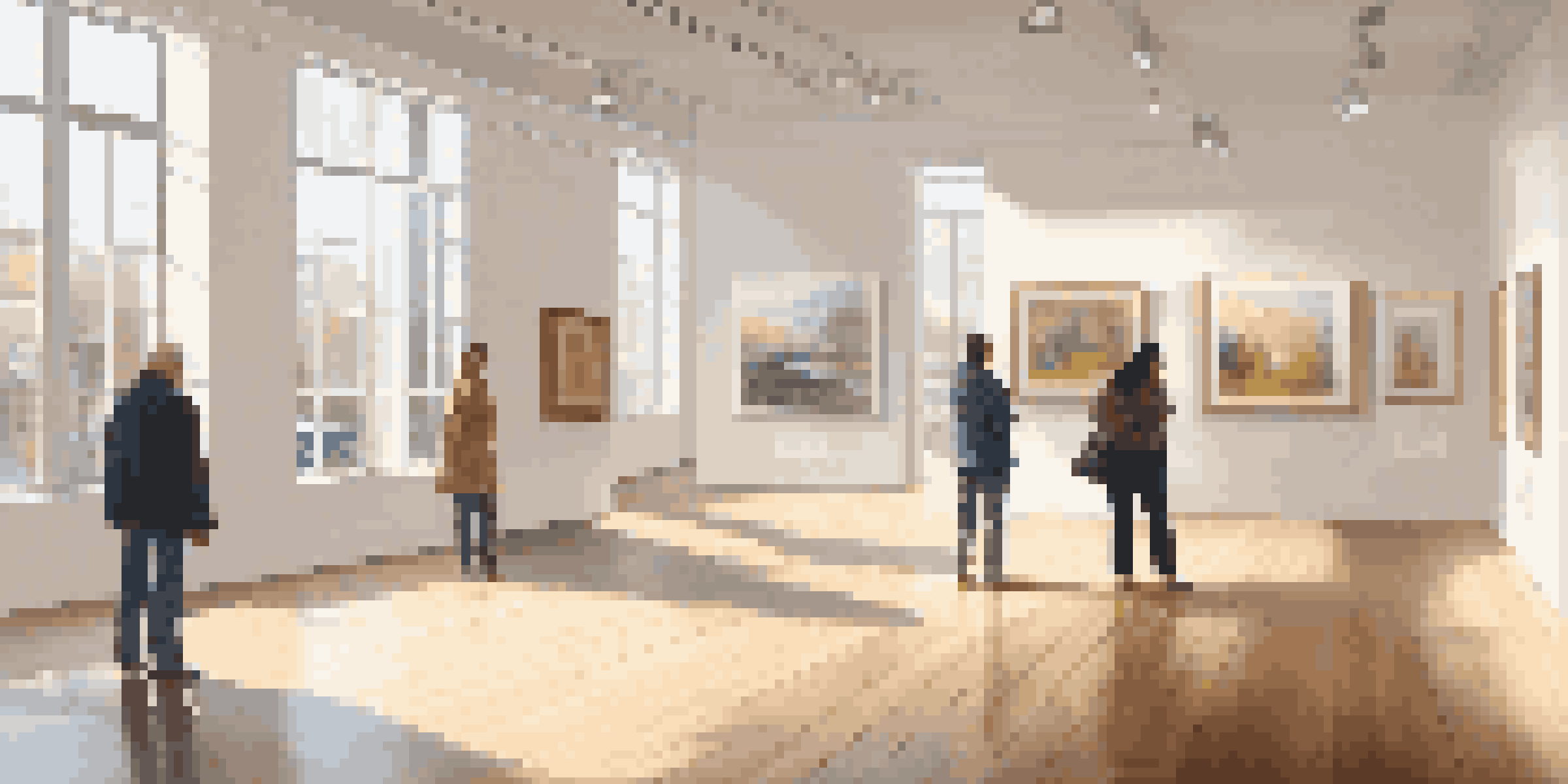 An art gallery filled with colorful contemporary artworks, visitors admiring pieces in a well-lit space.