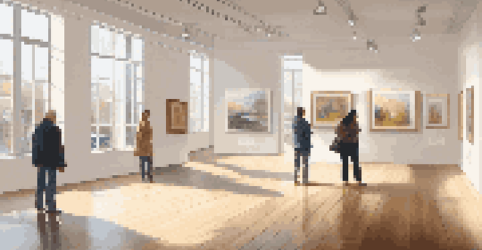 An art gallery filled with colorful contemporary artworks, visitors admiring pieces in a well-lit space.