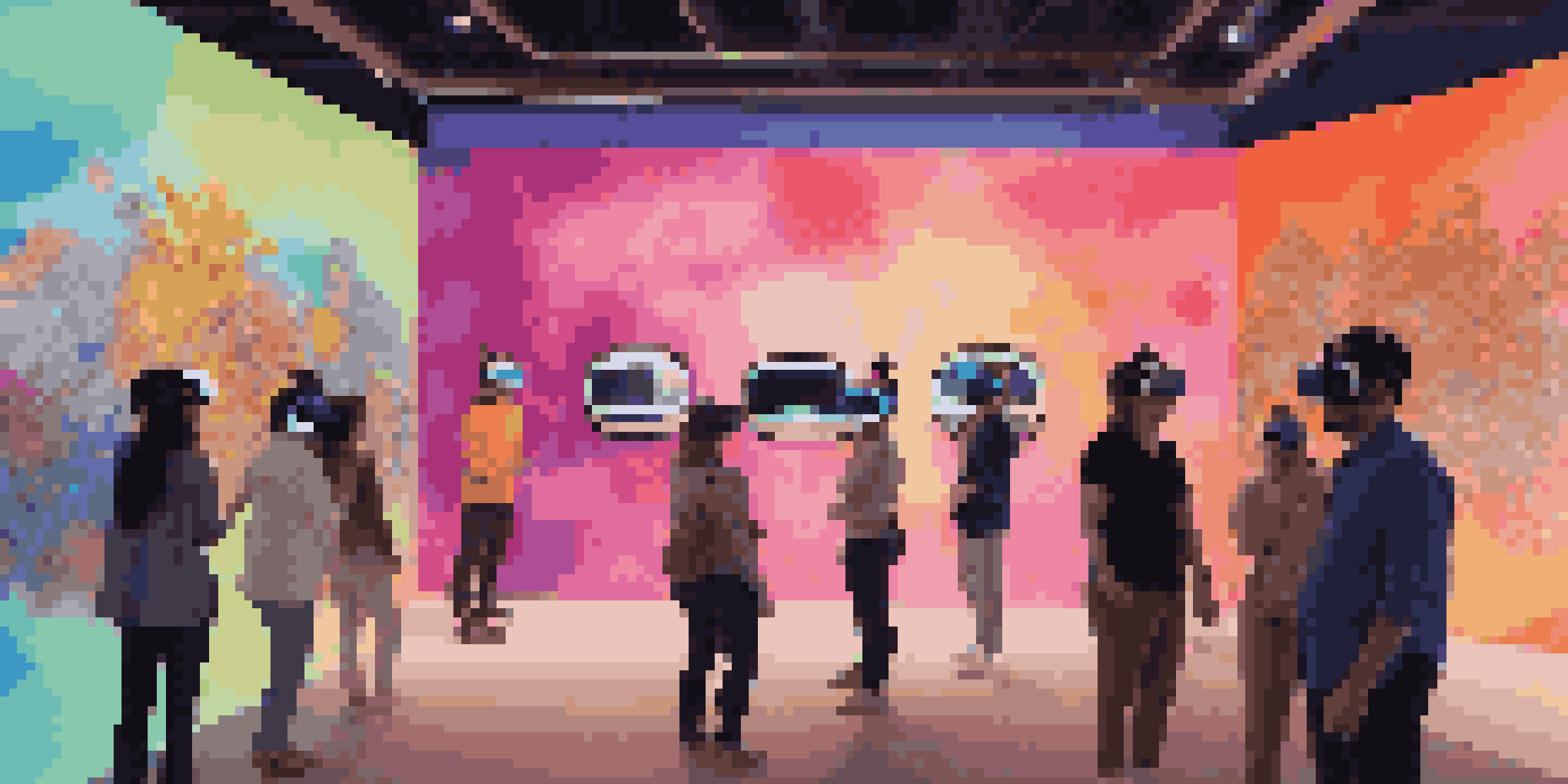 A digital art gallery showcasing immersive artwork, with visitors using virtual reality headsets.