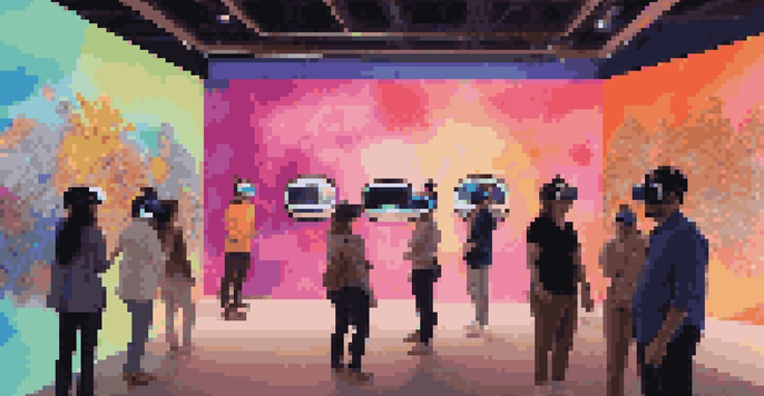 A digital art gallery showcasing immersive artwork, with visitors using virtual reality headsets.