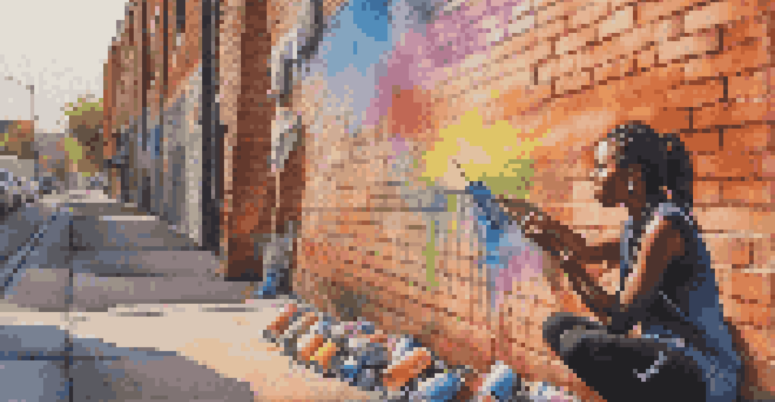 A street artist painting a message of social justice on a brick wall, surrounded by colorful spray paint cans.