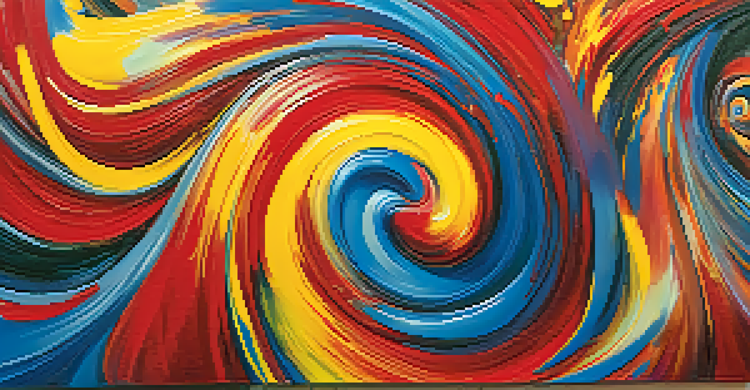 An abstract painting with swirling colors of red, yellow, and blue, conveying passion and energy.