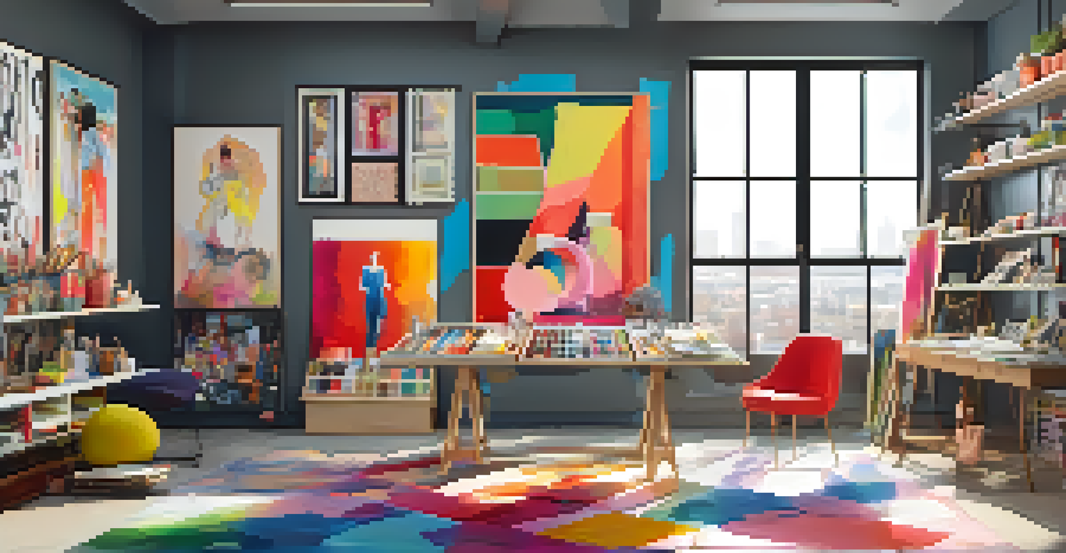 An artistic workspace with colorful fabrics and sketches, featuring a designer creating a collection inspired by Pop Art, with framed artworks on the walls.