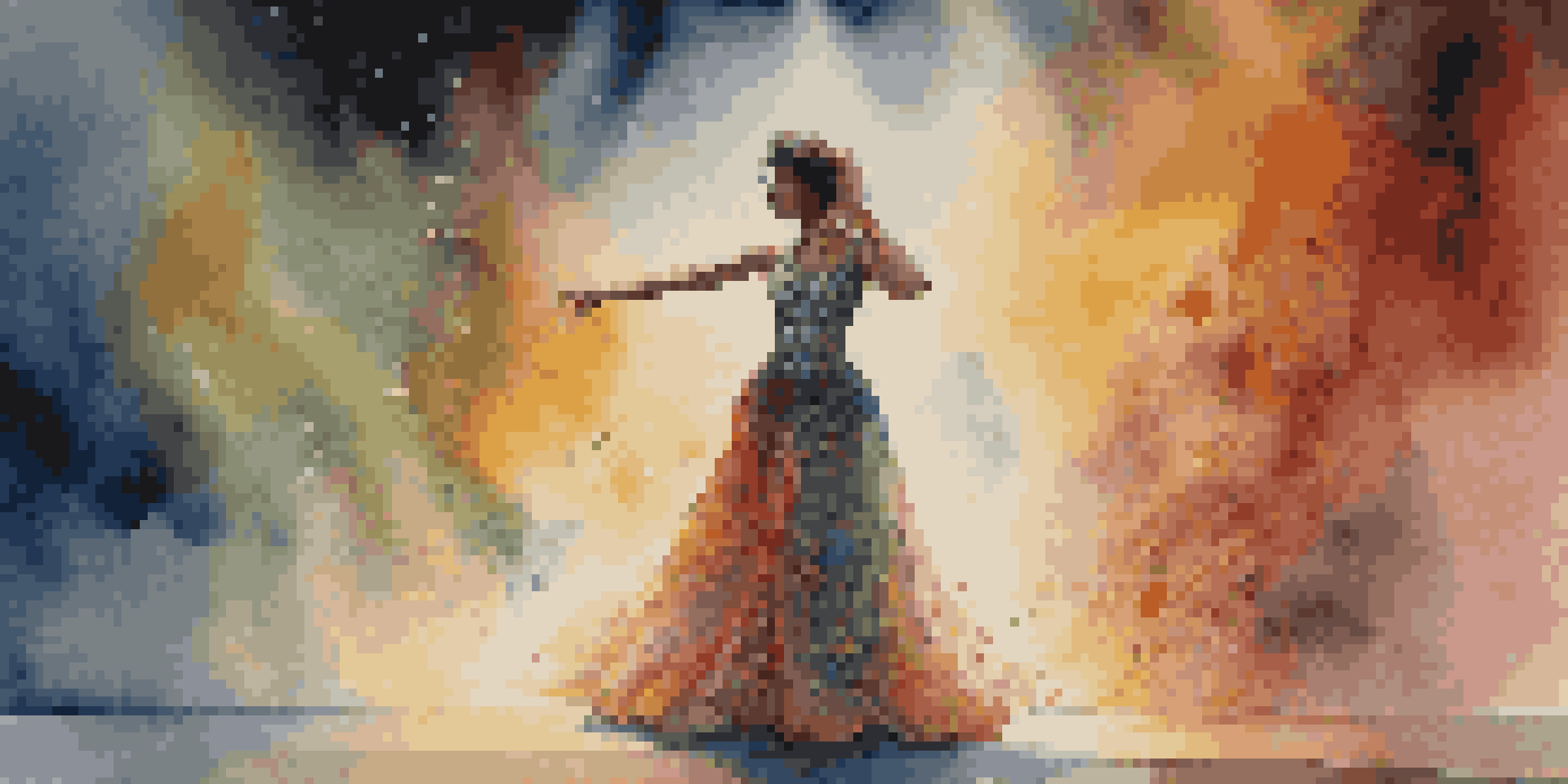 A performance artist in a colorful costume stands in a spotlight on a dimly lit stage with swirling mist, expressing deep emotion while the audience watches.