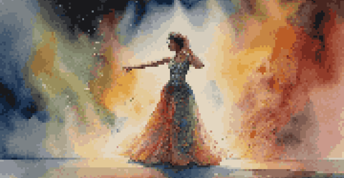 A performance artist in a colorful costume stands in a spotlight on a dimly lit stage with swirling mist, expressing deep emotion while the audience watches.