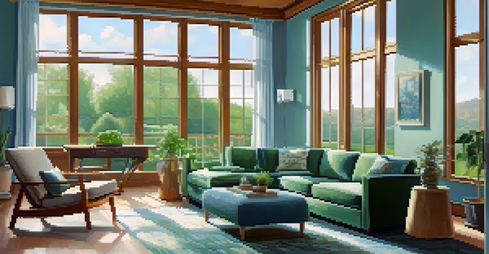 A peaceful living room with blue and green decor, large windows, and a landscape painting, creating a calming atmosphere.