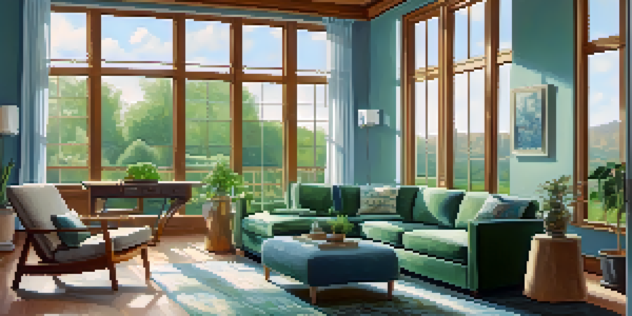 A peaceful living room with blue and green decor, large windows, and a landscape painting, creating a calming atmosphere.