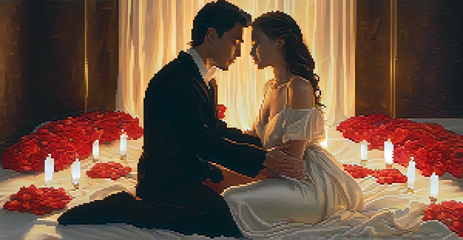 A couple embraces tenderly in a softly lit space, surrounded by candles and flowers, symbolizing love and emotional connection.