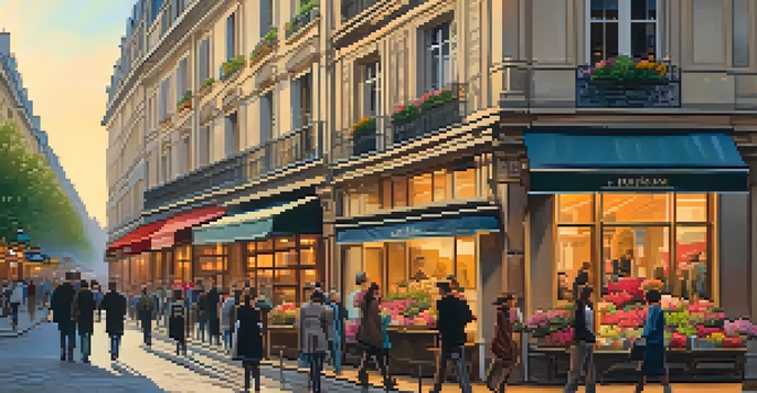 A lively street in Paris during sunset, filled with people, artists, and café patrons, illuminated by warm golden light.