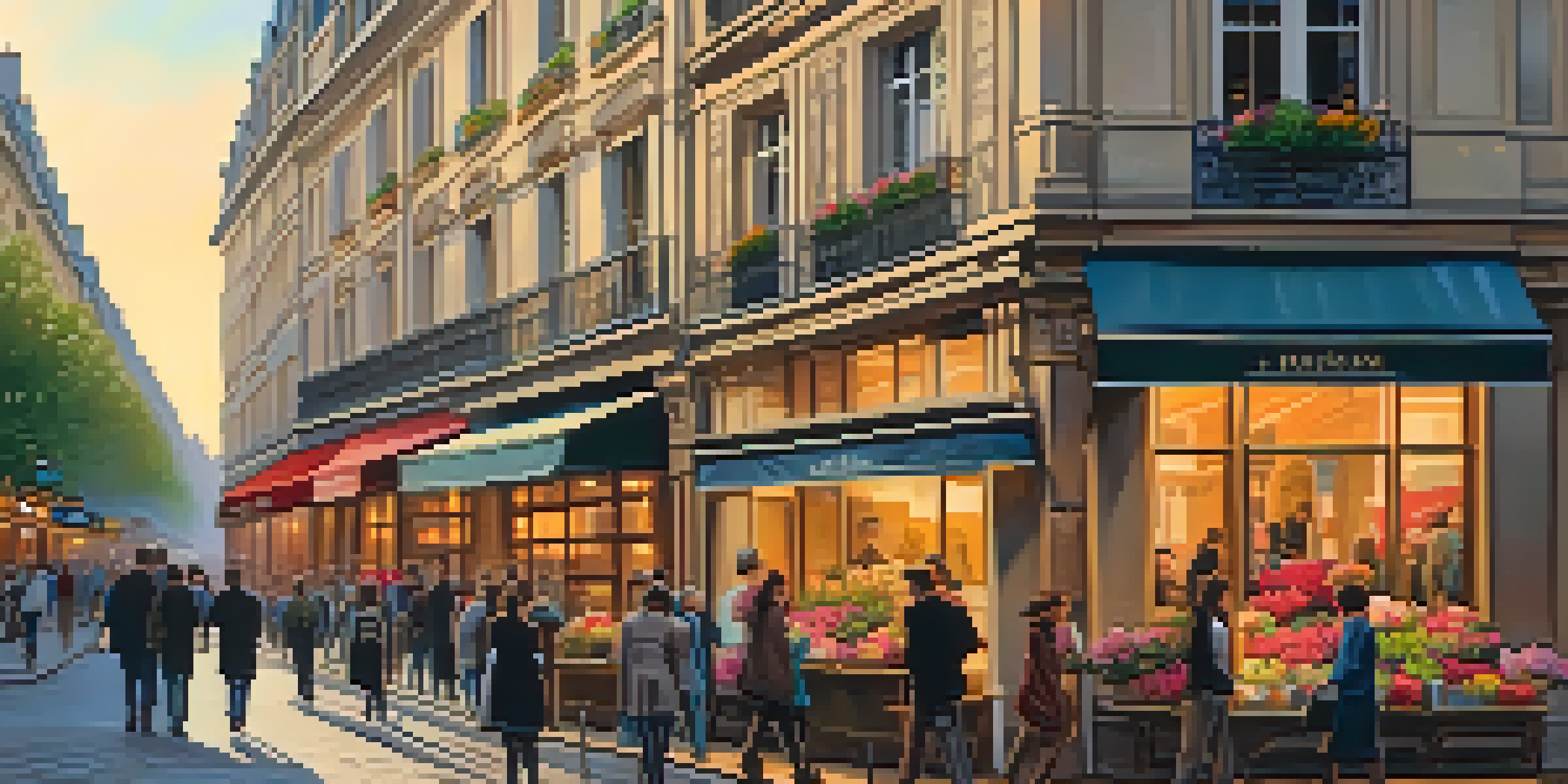 A lively street in Paris during sunset, filled with people, artists, and café patrons, illuminated by warm golden light.