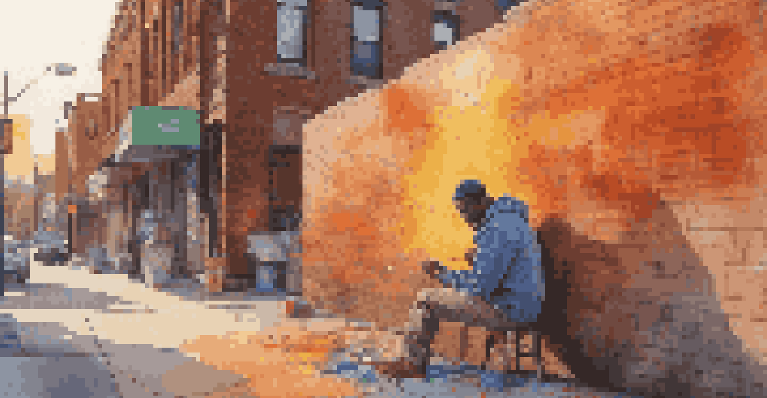 An artist painting a colorful mural on a large canvas with urban elements in the background, illuminated by a warm sunset.