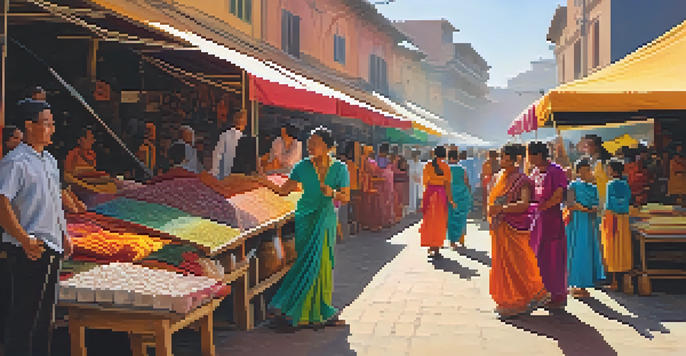 A lively market scene with diverse artists performing amidst colorful stalls filled with crafts and fabrics under warm sunlight.
