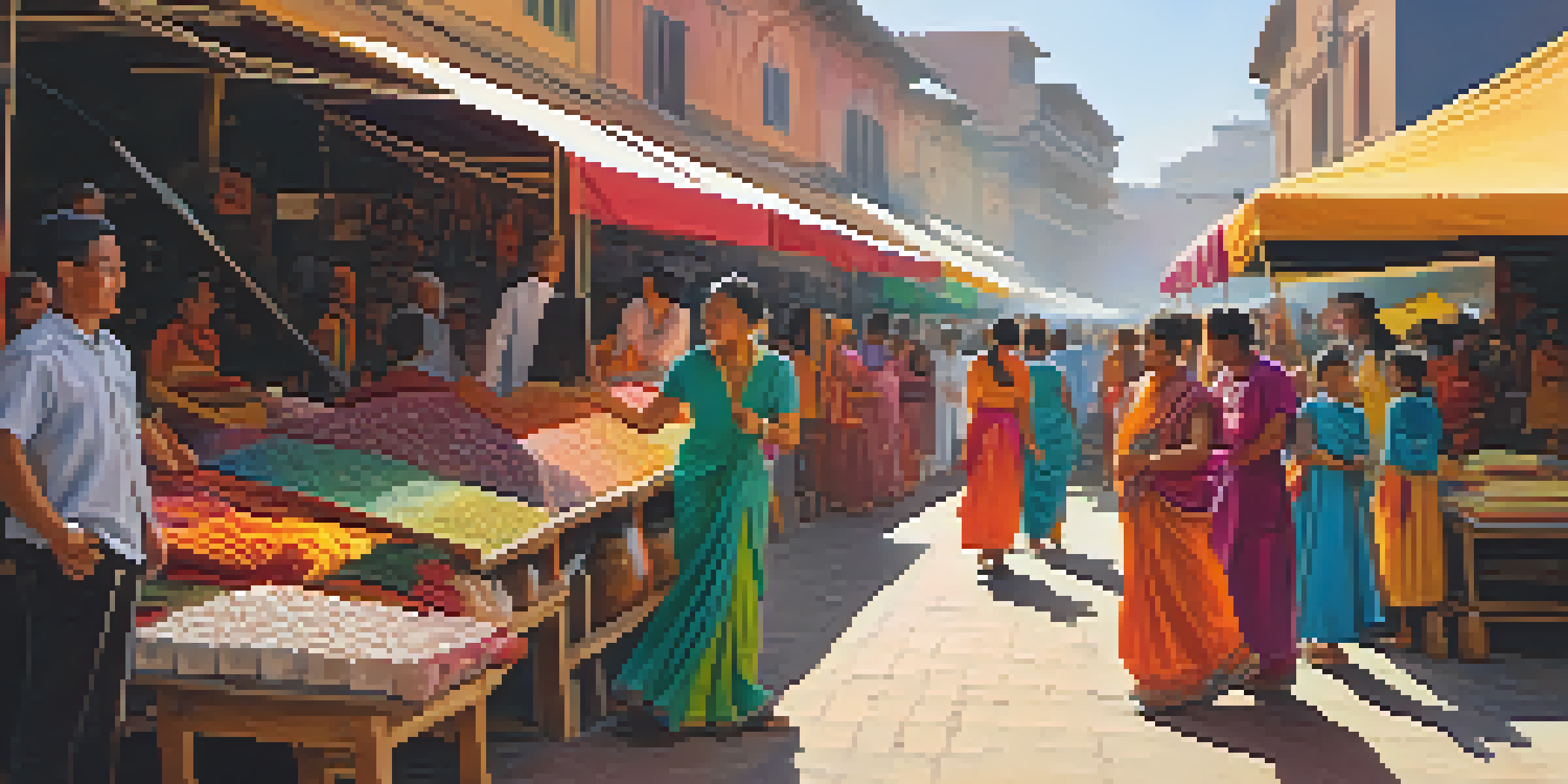 A lively market scene with diverse artists performing amidst colorful stalls filled with crafts and fabrics under warm sunlight.