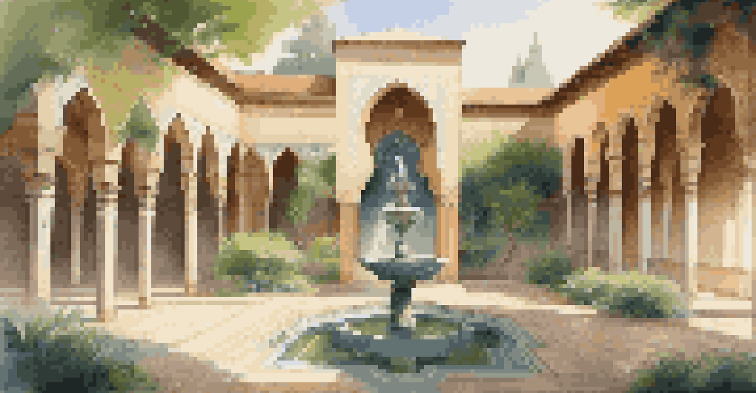 Tranquil courtyard of an Islamic building with greenery and a fountain, sunlight filtering through trees, creating a peaceful ambiance.