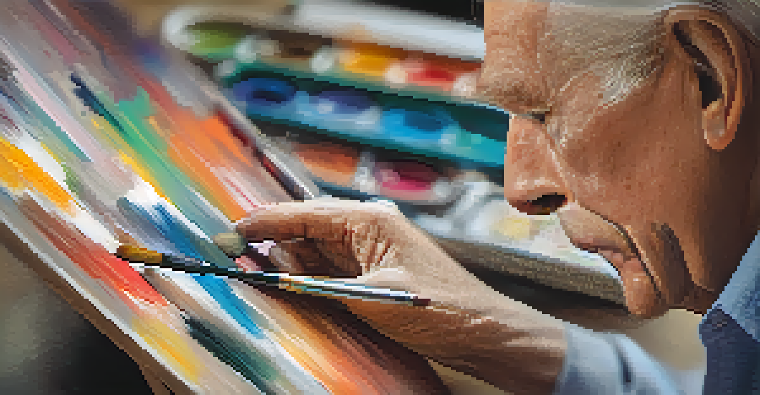 An elderly man's hands painting on a canvas, highlighting vibrant colors and intricate brush strokes.