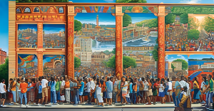 A colorful mural representing diverse cultural narratives in an urban setting, with people interacting nearby.