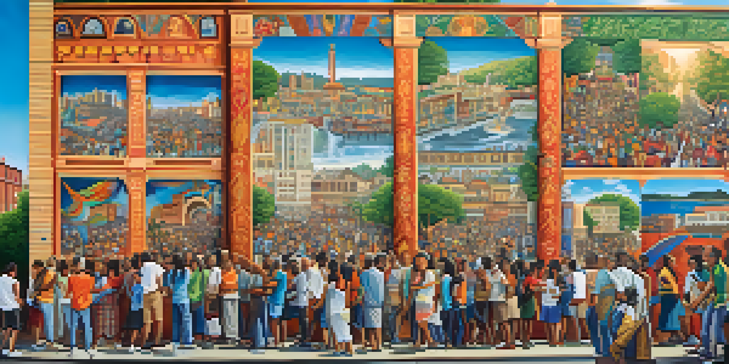 A colorful mural representing diverse cultural narratives in an urban setting, with people interacting nearby.