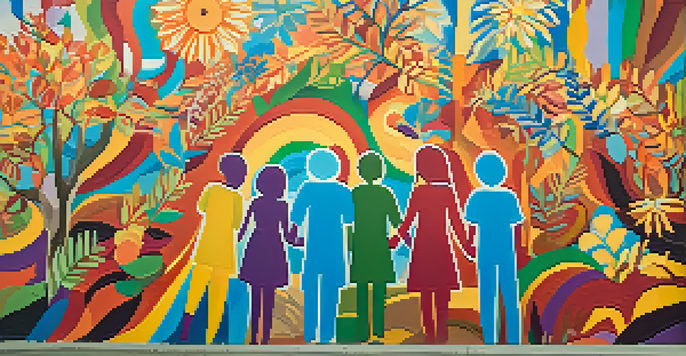 A colorful street mural showing diverse individuals holding hands, representing unity and resistance against societal issues.