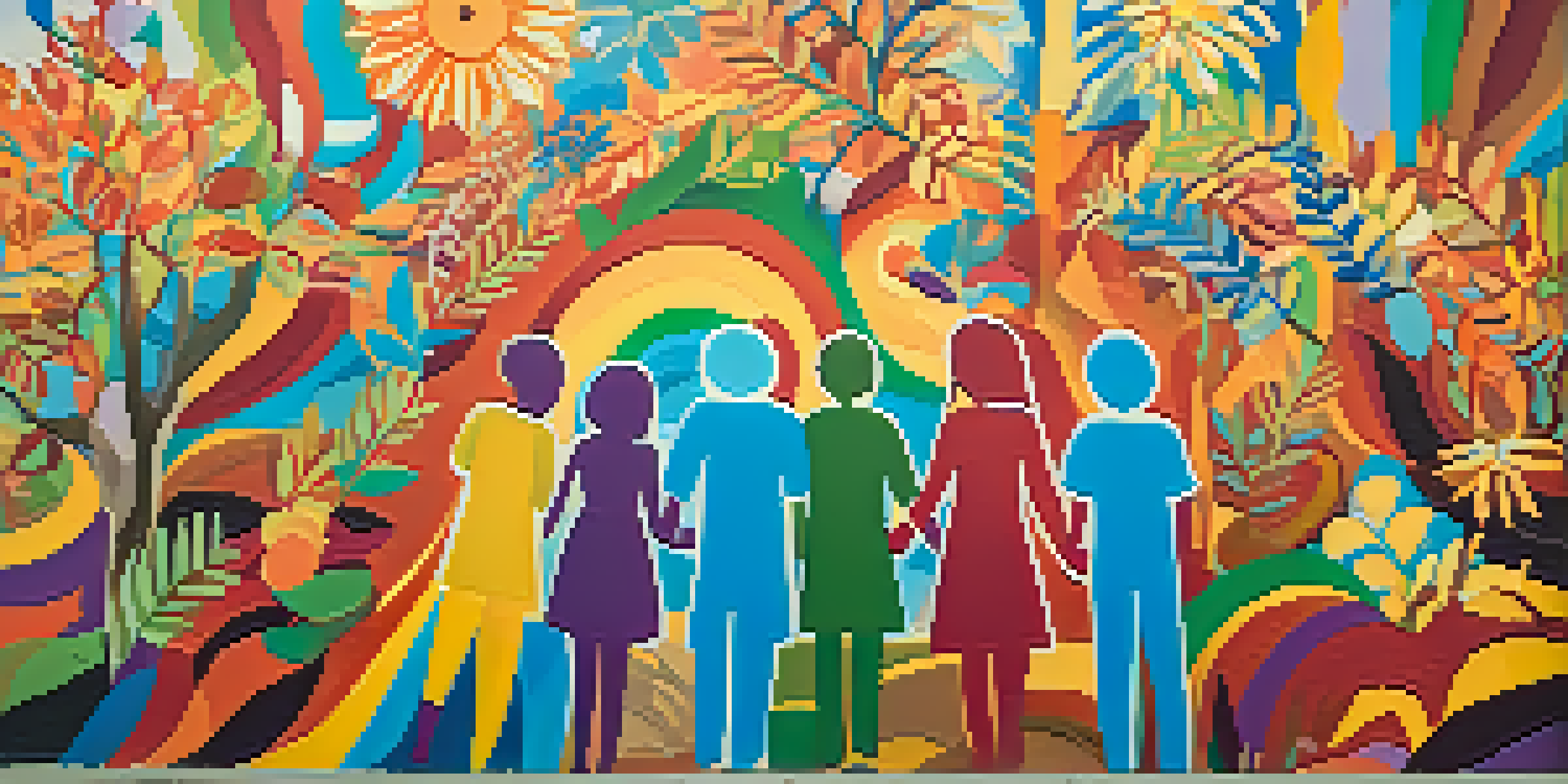 A colorful street mural showing diverse individuals holding hands, representing unity and resistance against societal issues.