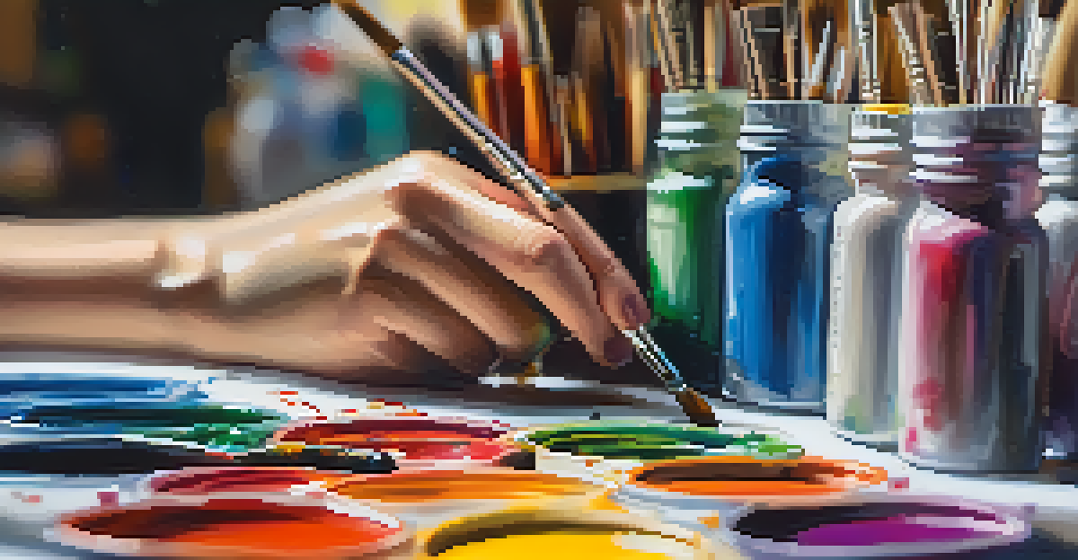 Close-up of hands painting on a canvas with vibrant colors in a softly lit art studio.