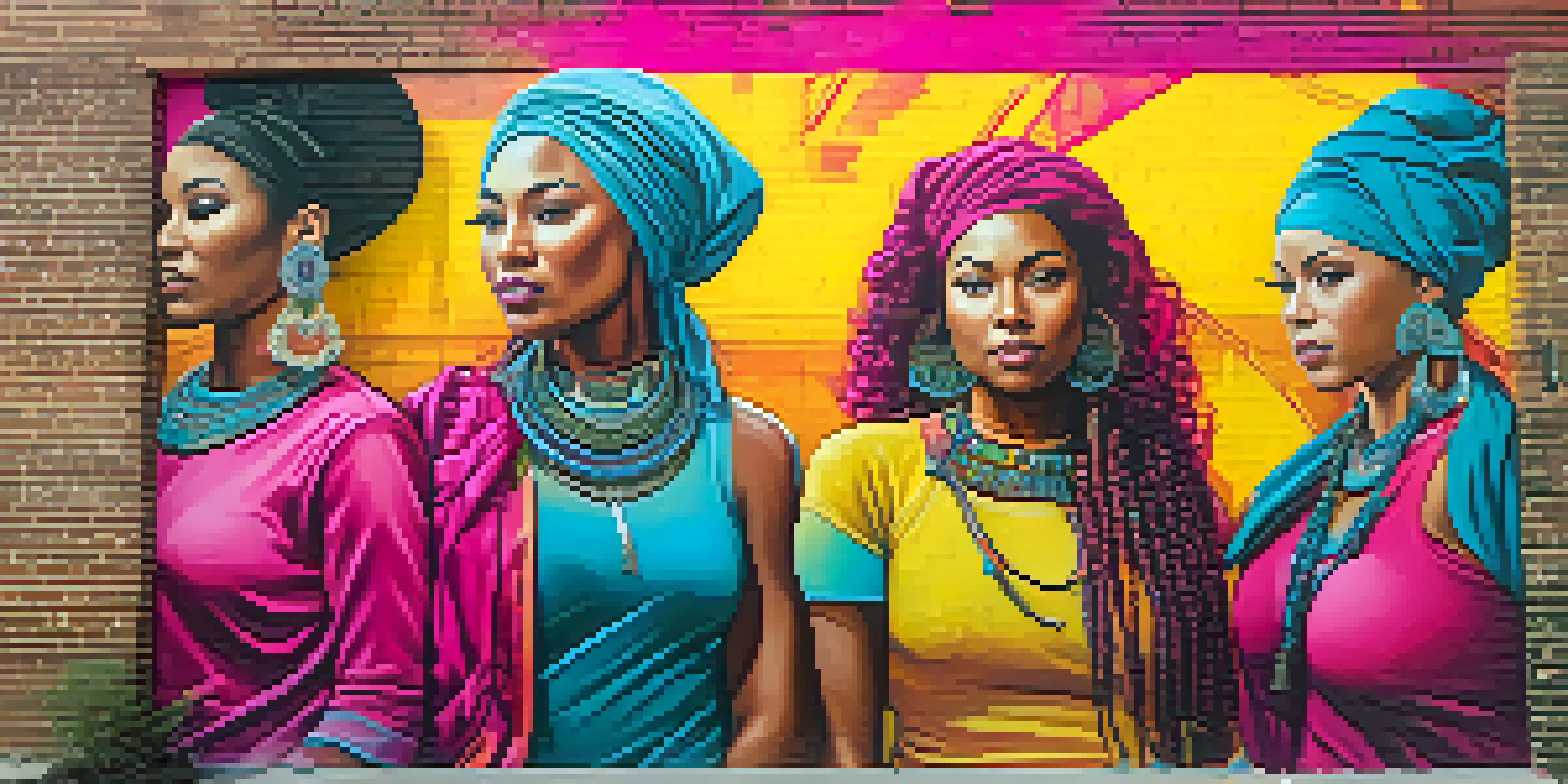 A colorful street art mural showcasing diverse women united in strength, with warm sunlight illuminating the scene.