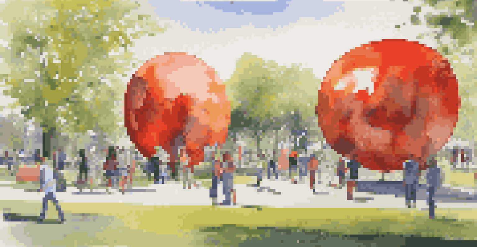 An outdoor park with large abstract sculptures made of recycled materials representing social justice, surrounded by blooming flowers and visitors.