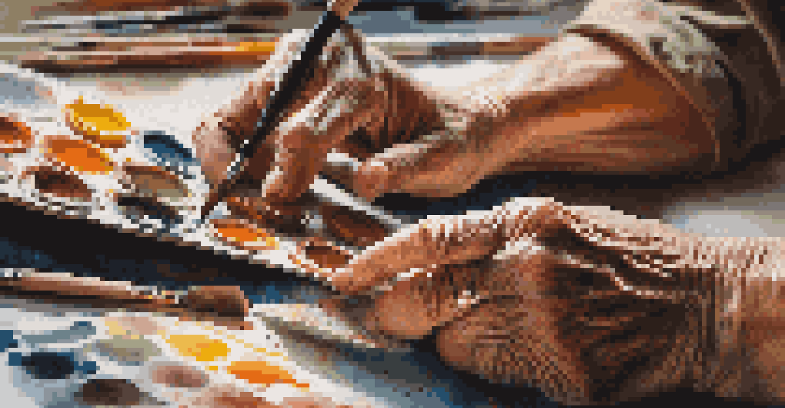 Close-up of an elderly artist's hands painting on a canvas with vibrant colors and textured strokes.