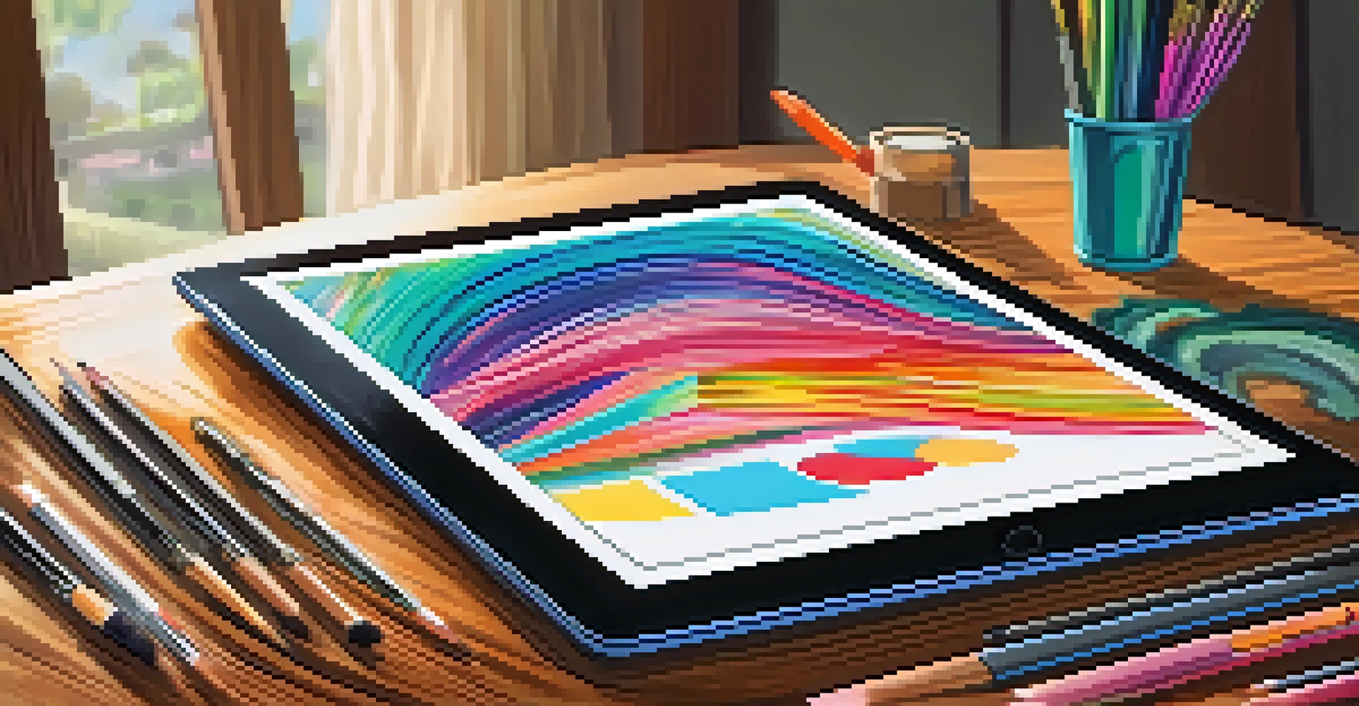 A close-up view of a digital tablet with colorful digital artwork displayed on it, surrounded by art supplies on a wooden desk.