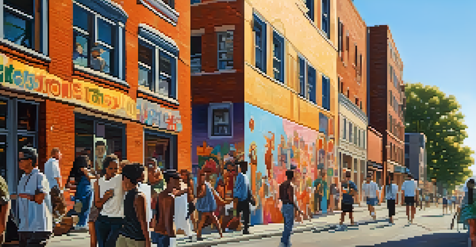 A colorful mural on a city wall showcasing community history, with people walking by and sunlight creating warm shadows.