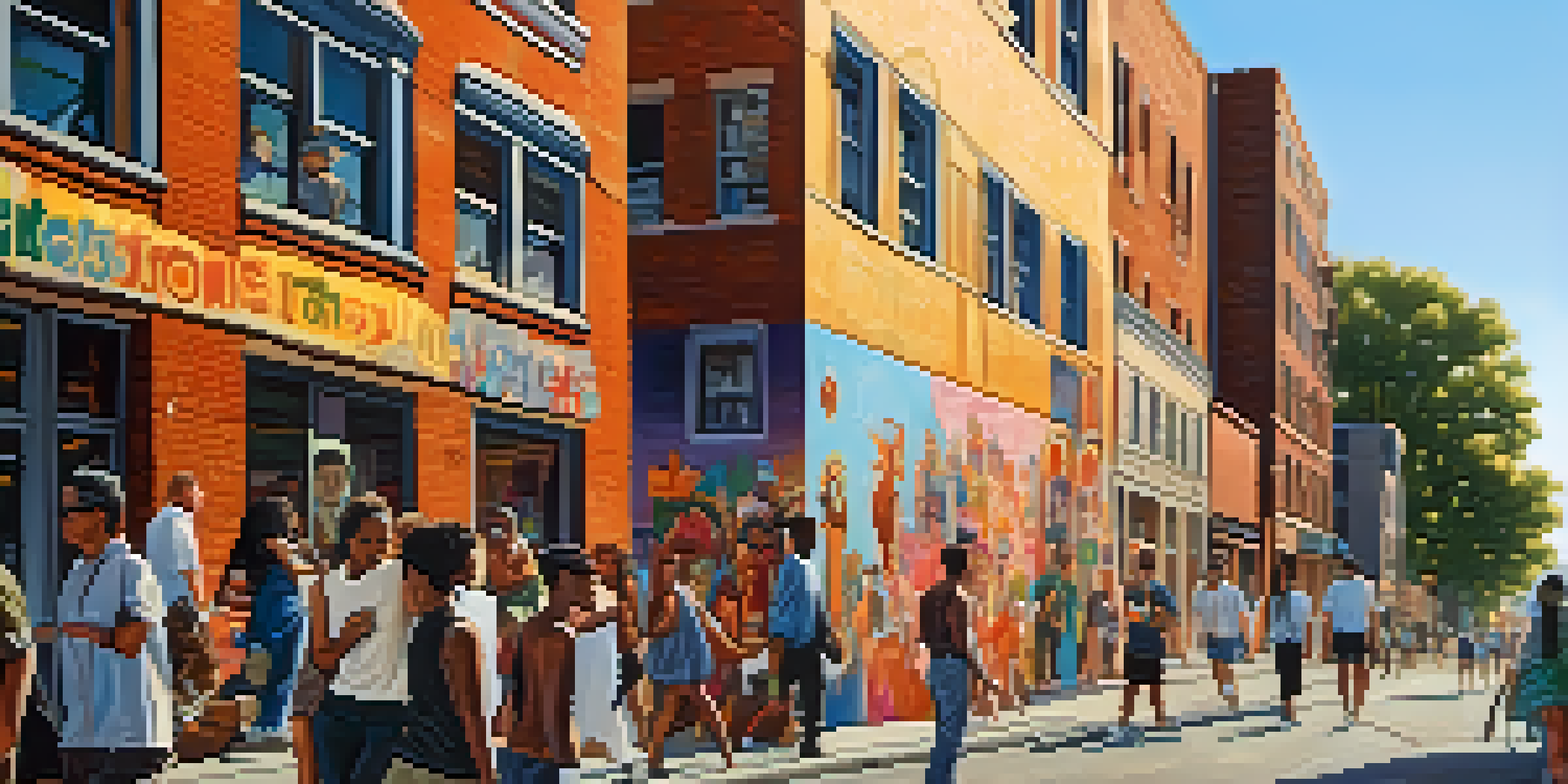 A colorful mural on a city wall showcasing community history, with people walking by and sunlight creating warm shadows.