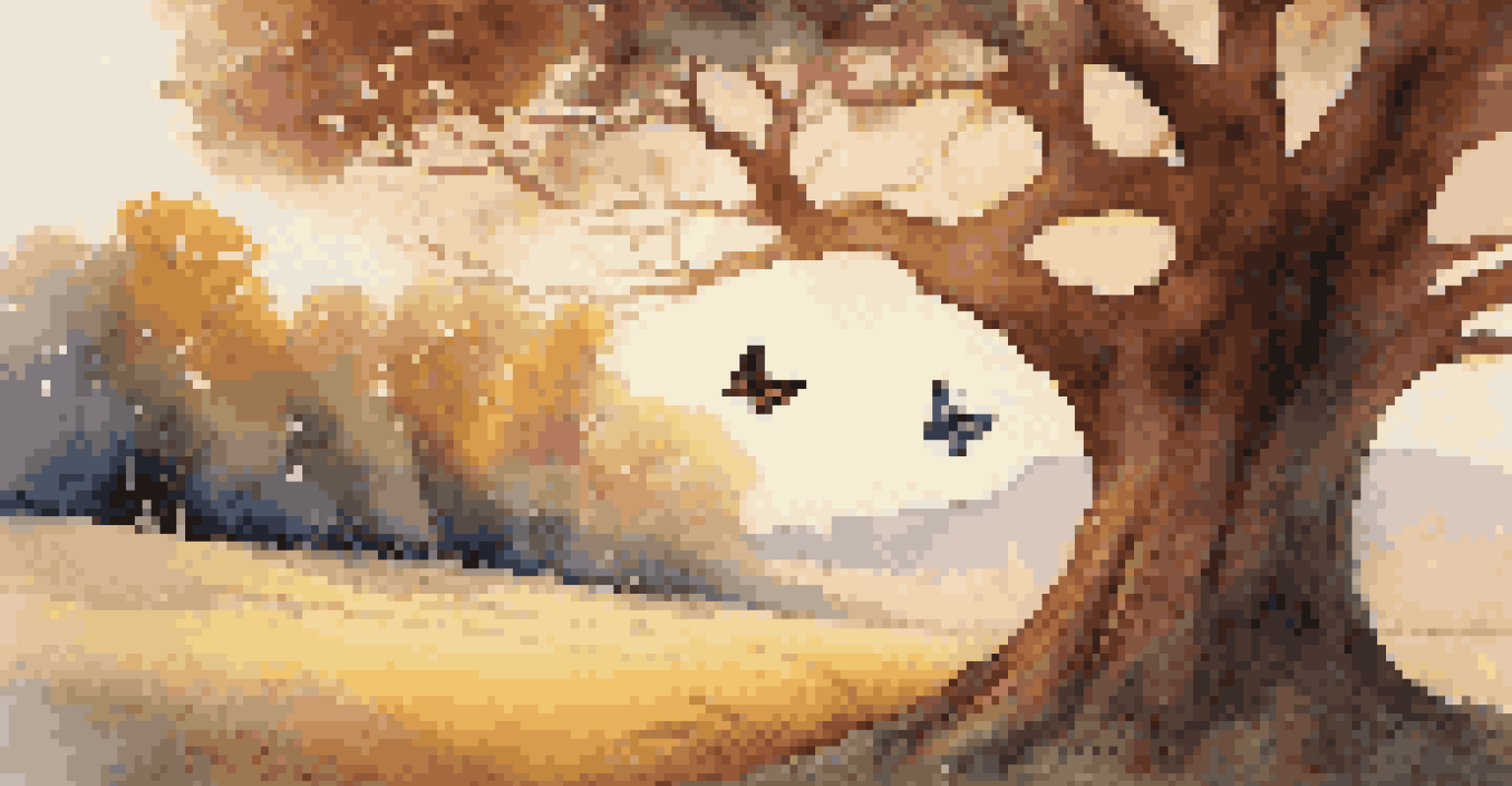 A serene landscape with a majestic tree and a butterfly, using warm colors to depict a peaceful afternoon inspired by folklore.