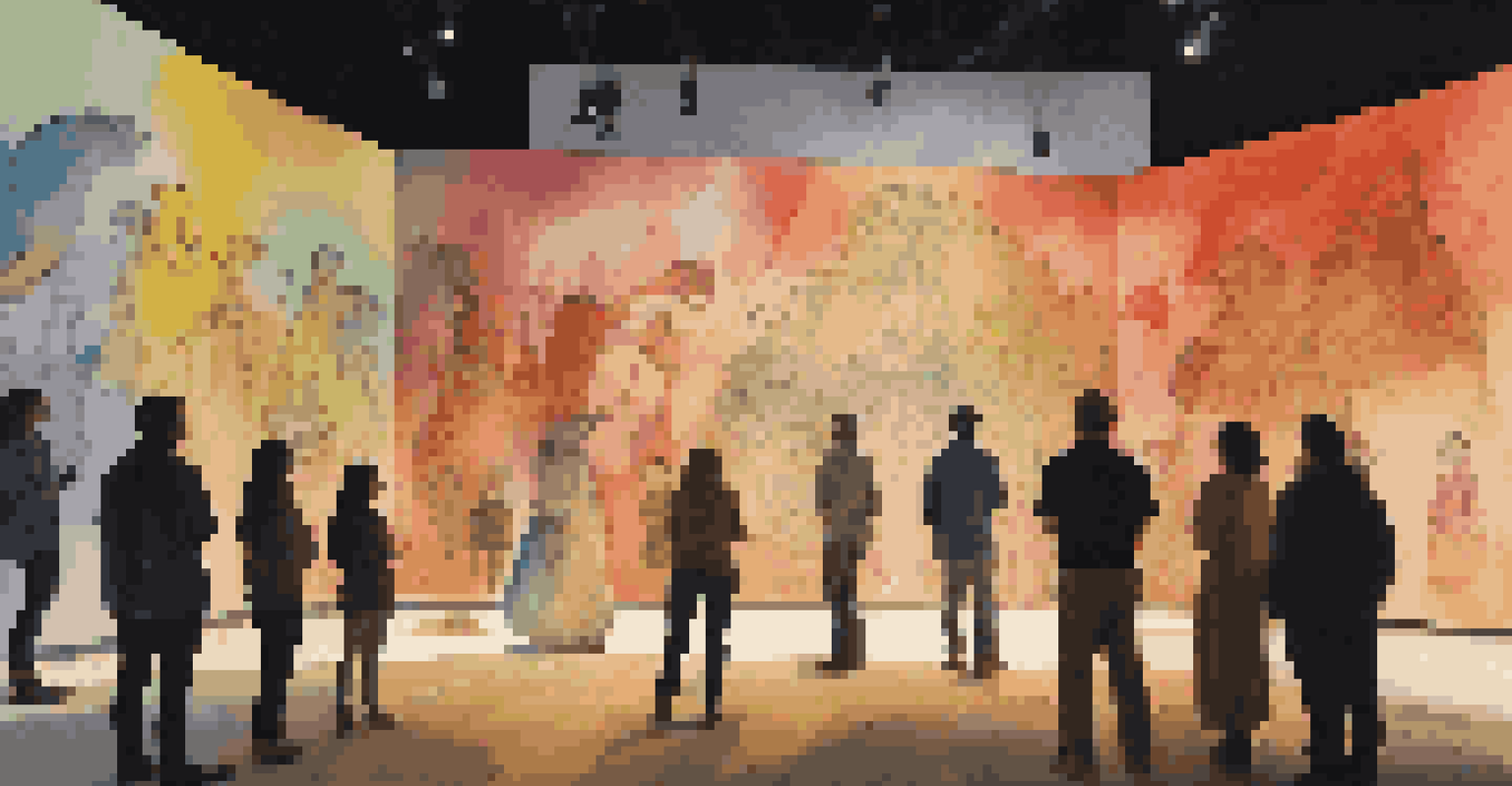 A modern art installation showcasing projections of folklore characters, with visitors exploring the colorful and immersive space under dramatic lighting.