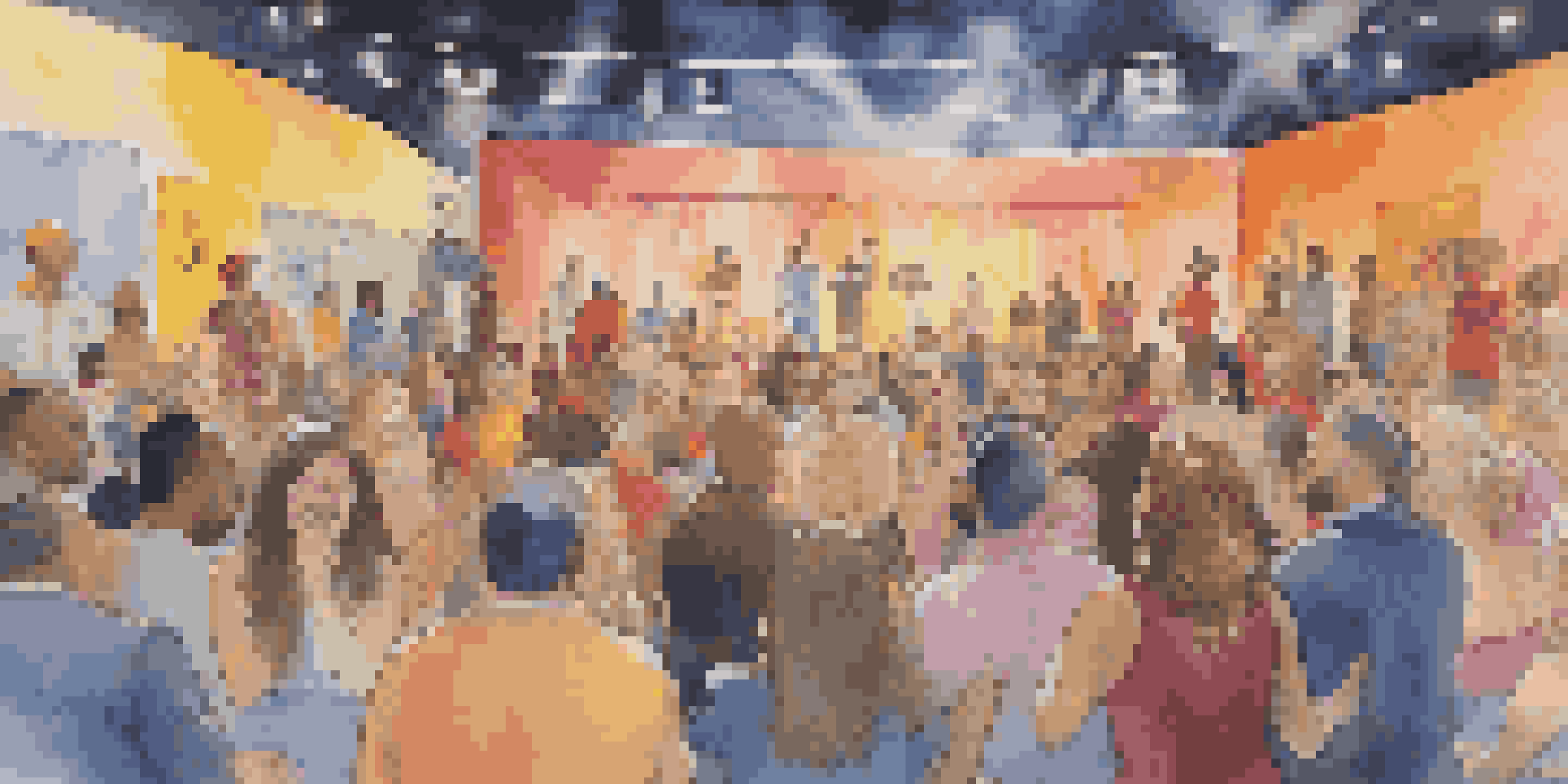 A lively performance art scene with diverse artists and an engaged audience, showcasing expressions of laughter and joy.