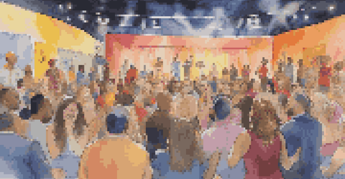 A lively performance art scene with diverse artists and an engaged audience, showcasing expressions of laughter and joy.