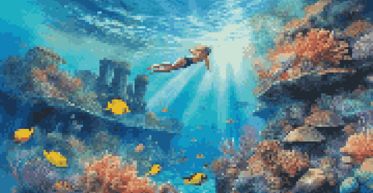 An immersive underwater scene with coral reefs and marine life in a virtual reality setting.