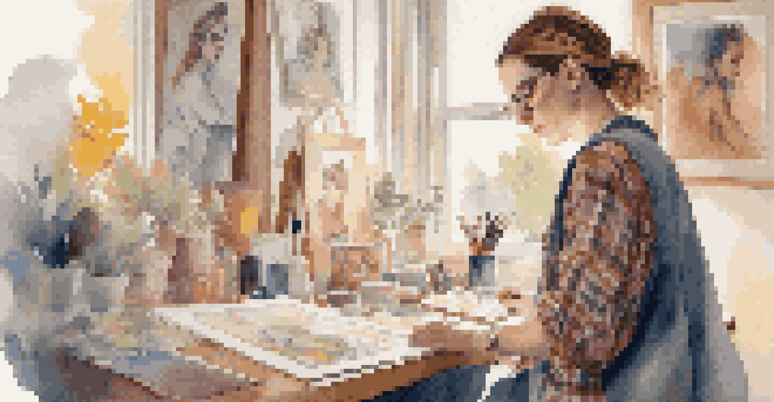 A non-binary artist in a colorful studio, working on a painting surrounded by art and fashion sketches, illuminated by warm natural light.